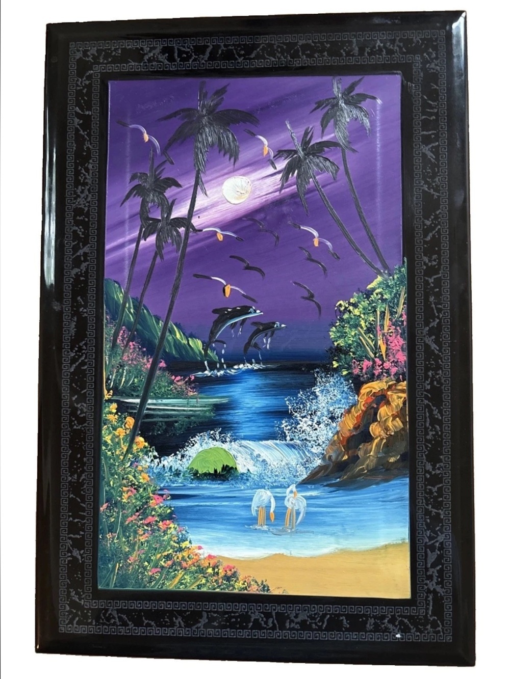Hand-Painted Tropical Seascape on ceramic tile Wall Art in Purple and Blue 2006